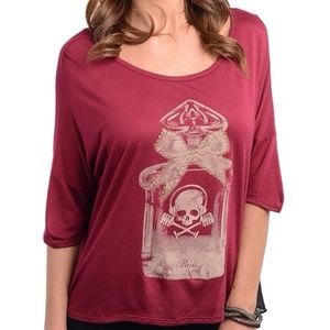 Burgundy skull perfume scoop neck top